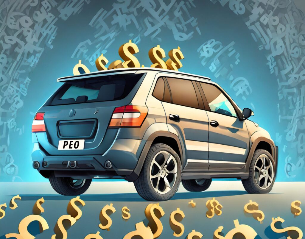 Auto dealer SUV steering to dollar signs with a PEO license plate.