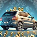 Auto dealer SUV steering to dollar signs with a PEO license plate.
